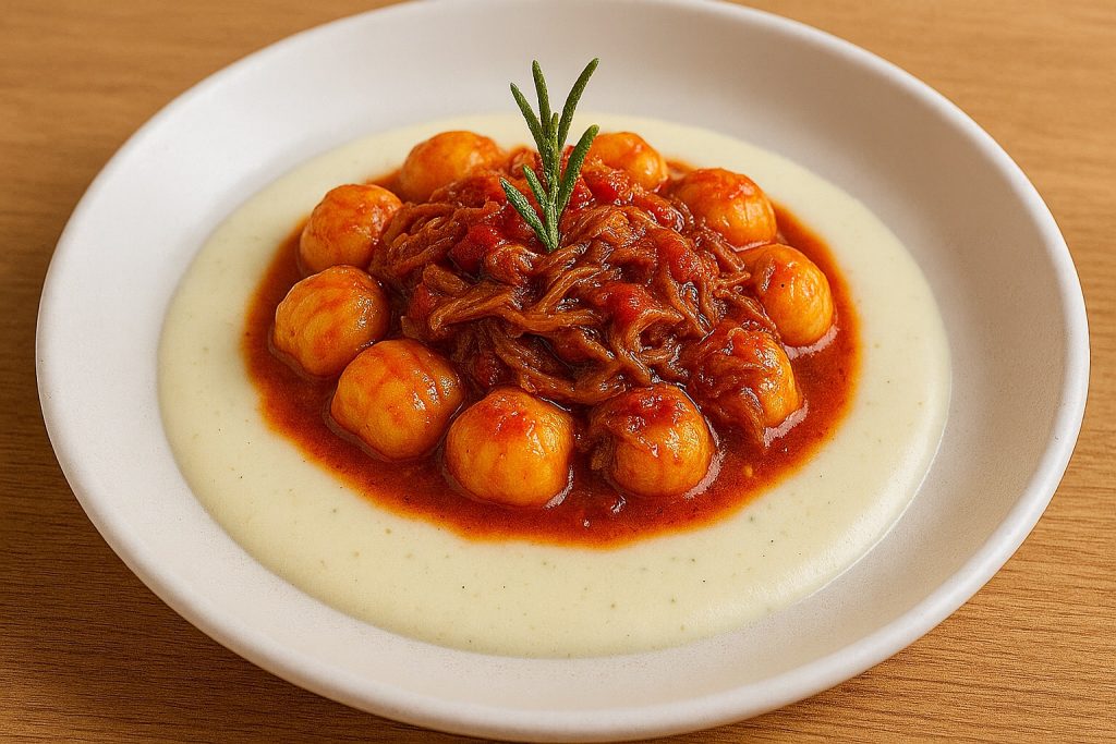 Gnocchi di Patate con Ragù di Papera Marchigiano, Fonduta di Squacquerone e Crumble di Guanciale di Mora Romagnola