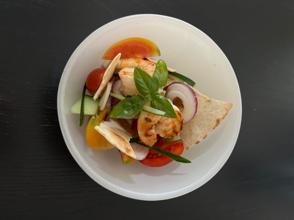 Panzanella di Mazzancolle Dell’adriatico , Pomodorini e Chips di Piadina
