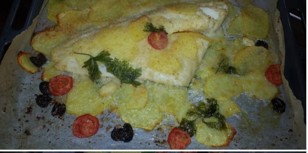 Baccalà con Patate Olive di Gaeta e Pomodorini al Graten