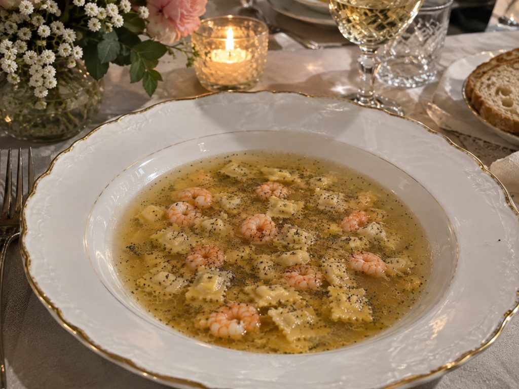 “spoja Lorda Romagnola con Squacquerone, Brodo Limpido di Gamberi e Semi di Papavero”